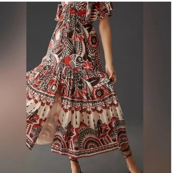 Anthropologie Tiered Maxi Brown and Red Patterned Maxi Dress Size Small NWT - Picture 4 of 8